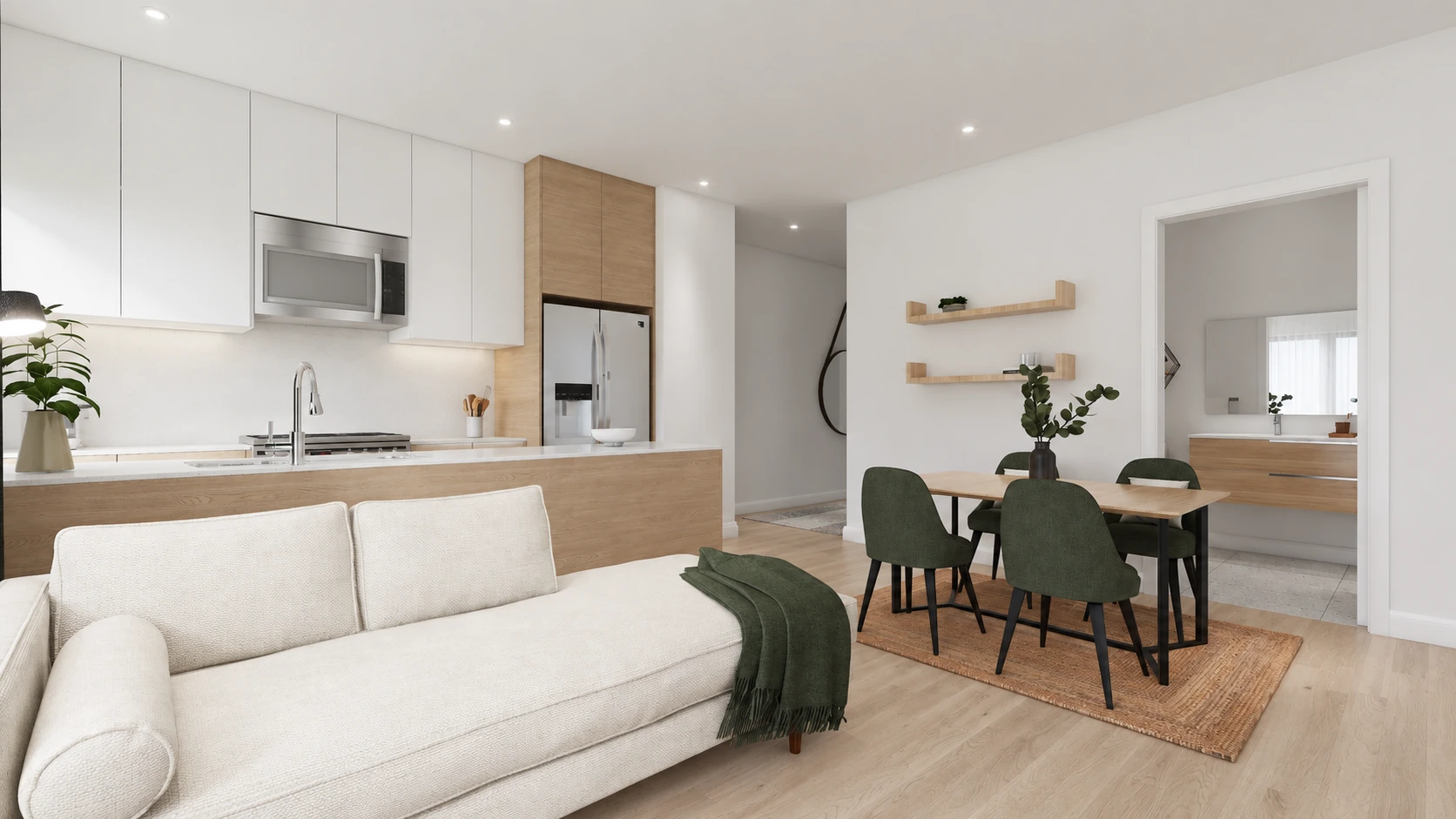 Kitchen rendering for apartment 204, with an island and dining area
