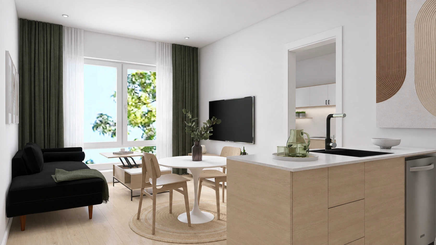 Rendering of the living area in one-bedroom apartment 208