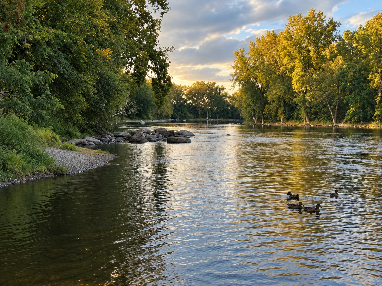 Ducks on the tree-lined river at Parc de l’Île-de-la-Visitation — AI-retouched photograph